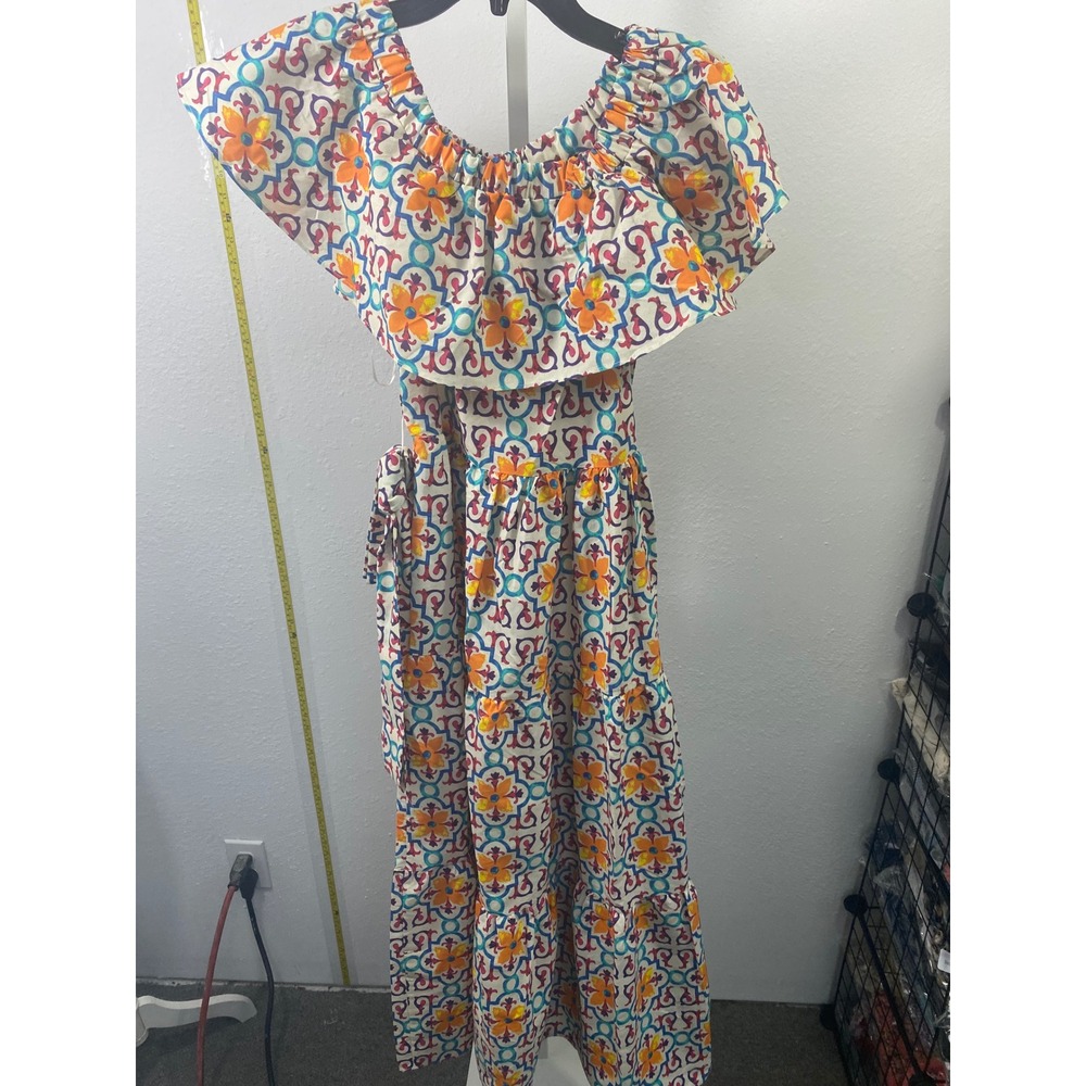 Fame and Partners Tile Print Off Shoulder Maxi Dress Orange Blue Tiered NWT S